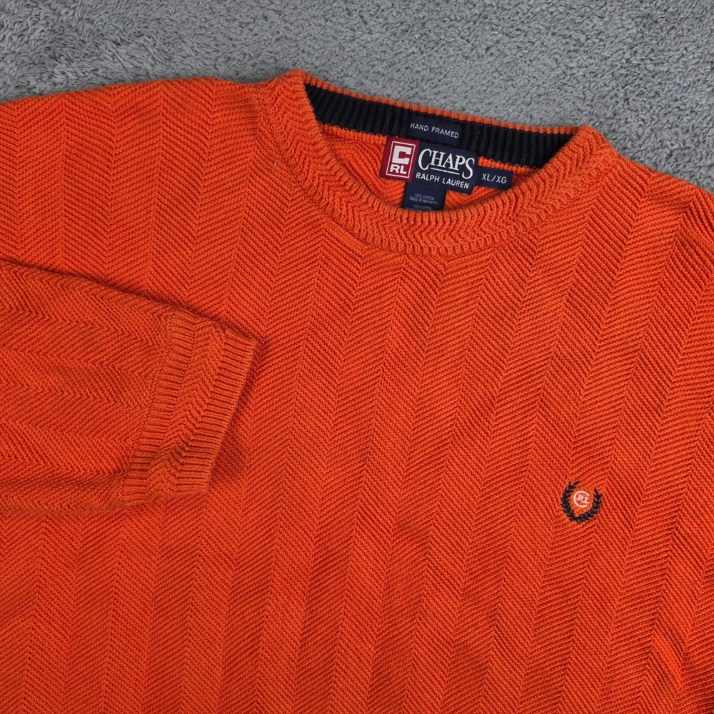 Chaps Ralph Lauren Sweater Mens XL Orange Herringbone Cotton Knit Crewneck Logo